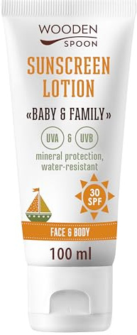 Wooden Spoon Bio-Sonnencreme für Babys und Familien SPF 30 – 100% natürlich, unsichtbares Zink, ohne weiße Rückstände, hypoallergen, vegan, wasserfest – 100 ml