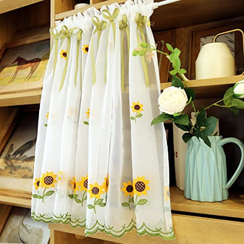 A.Monamour Gardine Scheibengardinen Transparenter Weißer Voile Vorhang Mit Sonnenblumen Stickerei Mit Schleifen Kurzvorhang Kurzgardinen Küchenvorhang Küche Vorhang Fenster Kurz Stores Bistrogardine