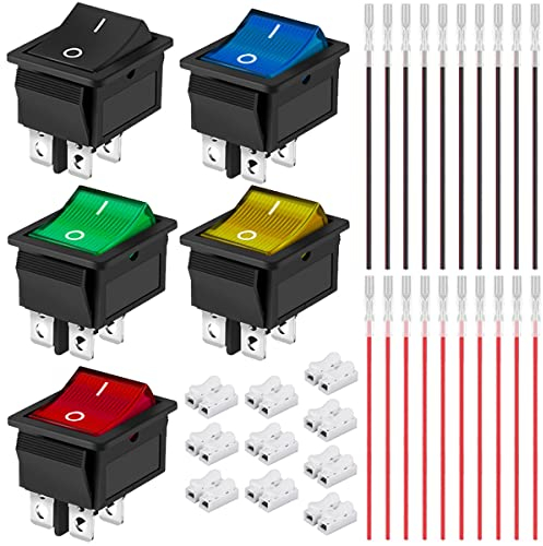 Xiatiaosann 5 piezas interruptor basculante AC 16A/250V 20A/125V DPST encendido/apagado mini botón de presión 5 colores (negro/rojo/verde/amarillo/azul) 4 pines 2 posiciones LED interruptor de palanca