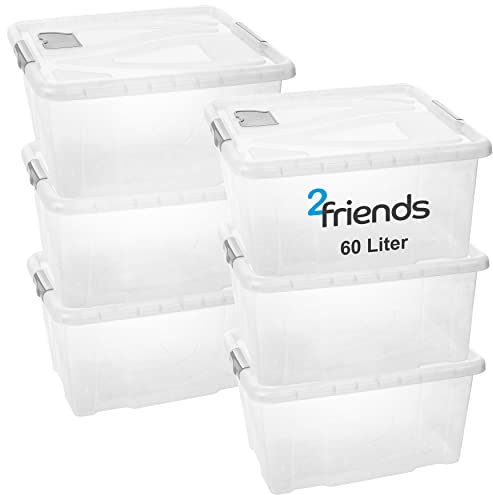 Aufbewahrungsbox mit Deckel Groß, 6 Stück Aufbewahrungsboxen, 60 Liter Boxen Aufbewahrung, Plastikbox mit Deckel, Transparent Kisten Aufbewahrung mit Deckel, Griffen und Lüftungsklappe, Model Lina