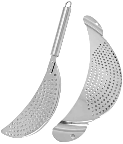 Unlorspy Juego de 2 coladores de ollas de acero inoxidable para cocinar coladores de utensilios de cocina (1 colador de ollas con empuñaduras empotradas + 1 escurridor de ollas con asas)