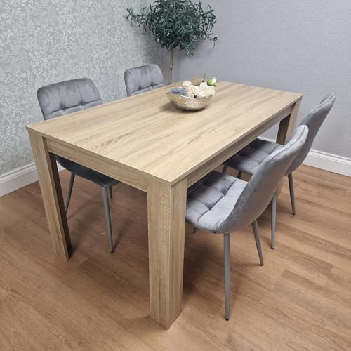 KOSY KOALA Dining Table Set Of 4 Wooden Oak Table And 4 Tufted Velvet Black Chairs (Table + 4 grey chairs, 140cm (L) x 80cm (W))