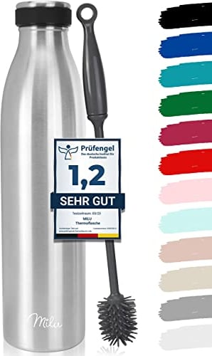 Milu Gourde en acier inoxydable 350 ml 500 ml, 750 ml, 1000 ml, 1,5 l – Bouteille isotherme, bouteille d'eau isolée, double paroi anti-fuite, convient aux acides carboniques (Acier inoxydable, 1500ml)