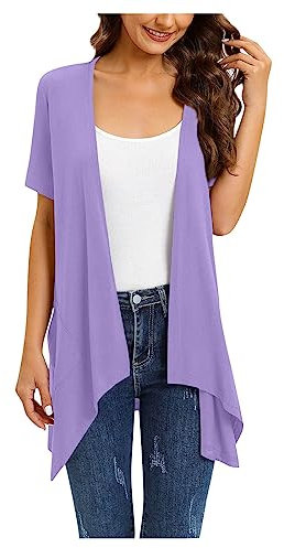 IQYU Cardigan da donna estivo a maniche corte a cascata cardigan corto lavorato a maglia fine blazer anteriore aperto cardigan leggero estivo asimmetrico cardigan bolero giacca, viola., L