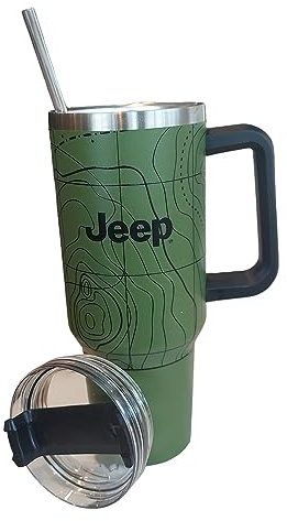 Jeep Topography Thermobecher mit Text und Gitter-Logos, 1,2 l, doppelwandig, vakuumversiegelter Edelstahlbecher mit Strohhalm und Deckel, Militärgrün
