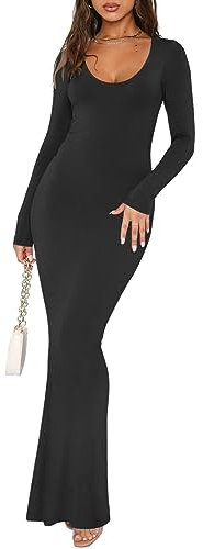REORIA Women's Sexy Casual Scoop Neck Long Sleeve Lounge Long Dress Elegant Fall Wedding Guest Tight Ribbed Bodycon Maxi Dresses Black Large