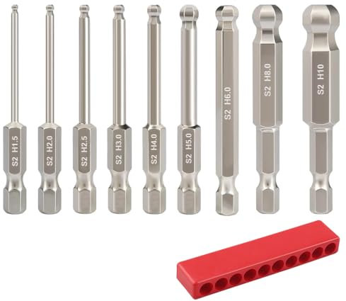 Saipor 9pcs Metric Ball End Hex Screwdriver Bit Set Magnetic Ball End Hex Head Allen Wrench Drill Bit Set 1/4 Hex Shank S2 Steel Hex Bit Screw Driver Drill Bits Set, 2 Long