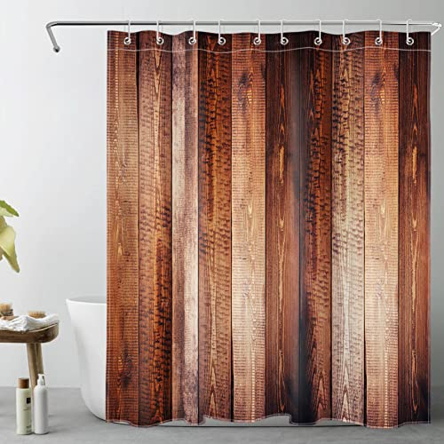 LB Braunes Holz Duschvorhang 150x200cm(BxH) Bauernhaus Scheunentür Antischimmel Wasserdicht Badezimmer Vorhänge, Retro Rustikal Extra Lange Polyester Stoff Bad Vorhang mit Haken