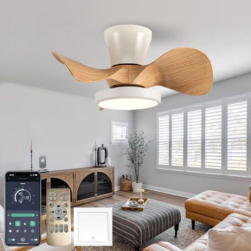 Caufloce Small Modern Ceiling Fans with Lamps Reversible Timer Ceiling Fans with Lights 6 Speed Dc Dimmable Silent Light with Fan with Remote Control for Bedroom Living Room-White Woodgrain
