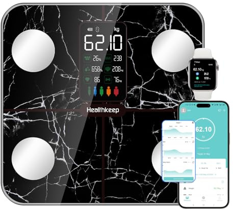 Healthkeep Body Fat Scale with Large VA Display, 15 Body Datas with Heart Rate, Smart Weight Scale Compatible with iOS & Android, Max 400lb/180kg/28st, 28cm, Marble Black