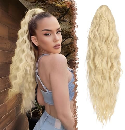 FESHFEN Lange Zopf Pferdeschwanz Haarextension mit kordelzug Lang Wellig Lockig Platinblond Synthetik Haarverlängerung Natürliches Clip in Haarteil Ponytail Kunsthaar Haarzopf für Damen 65cm