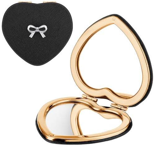 Qianyu Mini-Spiegel Herzform Taschenspiegel Make-up-Spiegel Klappspiegel Kosmetikspiegel Doppelseitig Reisespiegel Schminkspiegel für Frauen Mädchen Reisen täglicher Gebrauch Unterweg (Schwarz)