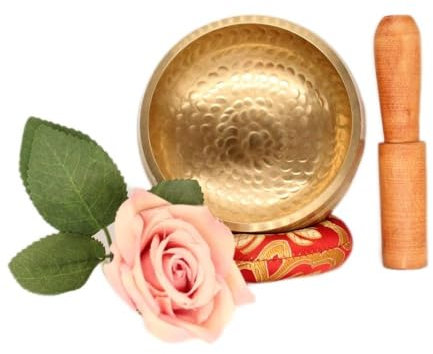 Original tibetische Klangschale mit Sockel und Holzklöppel - handgefertigt in Nepal für Heilung, Bewusstseinsbildung und Meditation (Golden Hammered big)