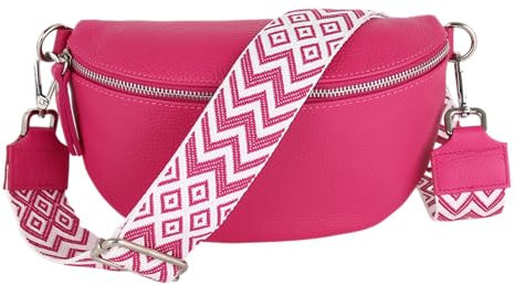 MIRROSI® Bauchtasche Damen, Echtleder, Made in Italy, Umhängetasche, Brusttasche, Crossbody Bag (1 Tasche & 2 Gurte) (Pink (Boho), Große Tasche (28x18x9cm))