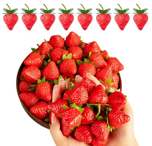 DODXIAOBEUL 50 piezas de fresas rojas artificiales de 1.3 pulgadas, fresas de plástico de frutas falsas realistas, centro de escritorio, decoración de fresas falsas, para el hogar, cocina, fiesta,