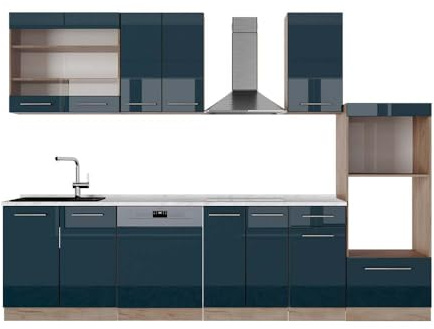 Vicco Küchenzeile Fame-Line, Dunkelblau Hochglanz/Goldkraft Eiche, 300 cm mit Hochschrank, AP Marmor