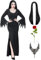 Mrsclaus Morticia Addams Kostüm Damen Halloween Kostüm für Erwachsene Hexe Gothic Vintage Kleid Perücke Schwarz for Addams Family Fledermaus und Perücke Kappen Halskette Rote Rosen CA050L