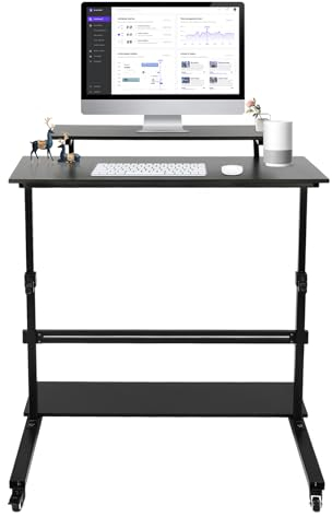HDMOZUYT Mobiler höhenverstellbarer Stehtisch, 41-Zoll-Roll-Stand-Up-Computer-Arbeitsplatz mit Monitorablage, Schwarz (Schwarz)