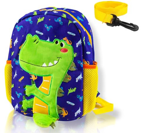 TIVUNORON Dino Rucksack jungen, Mini Kinderrucksack mit Leine, Cartoon Kinder Rucksack mit Sicherheitsgurt, Kindergarten Anti Verlorene Rucksack, Geeignet für Kleinkind 2-5 Jahre, Blau