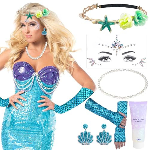 6 Meerjungfrau Kostüm Damen Mädchen, Meerjungfrau Haarreif Meerjungfrau Haarschmuck Fischschuppen Handschuhe Meerjungfrau Ohrringe Perlenkette Fisch Kostüm Mermaid Kostüm für Fasching Karneval Kostüm