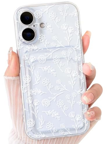 NITITOP Compatible with iPhone 16 Case Clear with Card Holder Cute Flower Floral Leave Pattern for Women Girl Soft TPU Shock-absorbing Wallet Case Protective Phone Cover - White