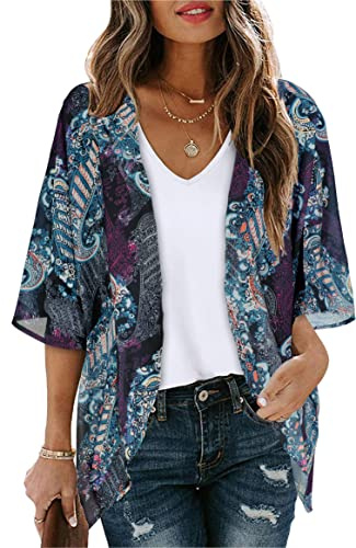 Damen-Kimono-Cardigan, Blumendruck, vorne offen, lässiger Bikini-Überzug (Boho-Lila, Größe 3XL), Boho-Violett, 50