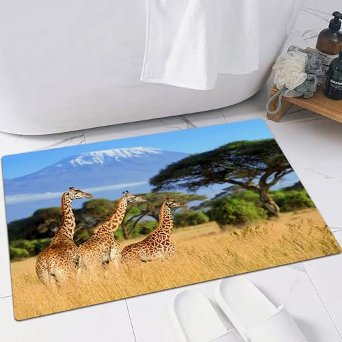 FSDGY Badvorleger Fußmatte Flauschig Teppich Badezimmerteppich Duschmatte für Bade & Wohnzimmer Schlafzimmer,Nationalpark von Kenia Afrika Wildlife Tier Natur Safari Giraffen in den Bergen,60x90 cm