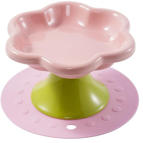 Ceramic elevated cat bowl with anti slip pad cat food container dish raised cat bowls with stand candy color cute (Pink)