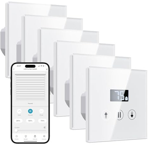Allevoi 6 Pack Interrupteur Volet Roulant Connecté, 80x80 mm Interrupteur Intelligent Tactile Compatible avec Alexa/Google Home, Équipé un Écran LCD en Pourcentage, Facile Installation