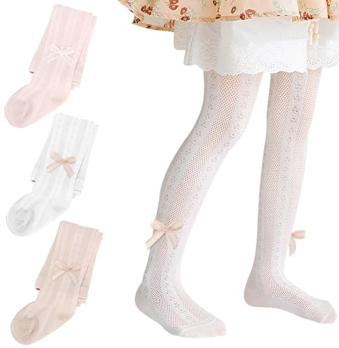 MFDYMYGS 3 Pack Baby Tights, Ribbon Bow Girls Tights Cotton Breathable Mesh Baby Leggings Socks for 0-12 Years