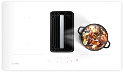 Klarstein AirJet 90 Induction Hob with Extractor - A++ Energy Efficiency, 750 m³/h Exhaust, Flex Zones, Touch Control, Child Lock, Stainless Steel & Glass, White