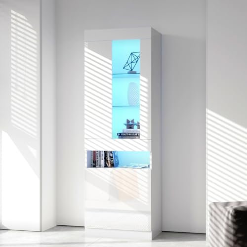Vitrine für Sammlungen mit Licht, Glasvitrine mit Tür, 180 x 50 x 40 cm, LED, 16 Farben, Möbel, Wohnzimmervitrinen, mit Regalen, Bücherschrank, Buffet (G, Weiß)