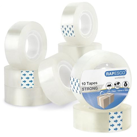Rapesco 1807 Nastro Adesivo Trasparente, Rotoli da 19 mm x 33 m, Ricariche di Nastro, Confezione da 10