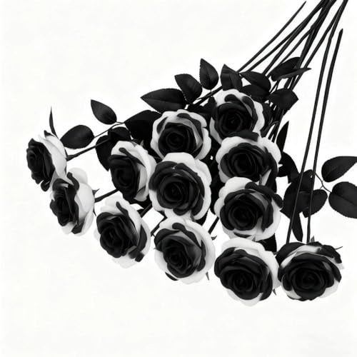 10 Pcs Artificial Roses, Black White Fake Roses Artificial Flowers | with Stems Fake Artificial Black White Roses Silk Flowers, for Home Garden Party Hotel Office Decor