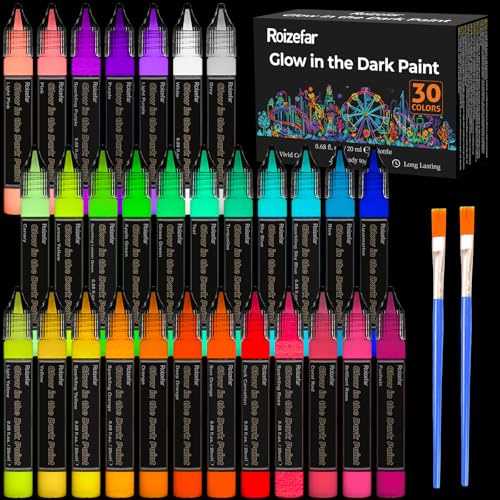 Roizefar Nachtleuchtende Farben, 30 x 20 ml 3D Wasserfest Textilfarbe | Glow in the Dark, Fluoreszierende Farbe DIY Leuchtet im Dunkeln Stofffarben Klebestift fur T-Shirt, Halloween, Festtage