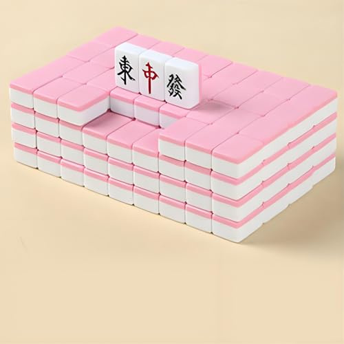 Surwin Jeu de Mahjong Portable, Mini Mahjong avec 144 Tuiles et 2 Dés, Jeu de Société Chinois Traditionnel pour Famille, Réunions, Fêtes d'amis (Rose)