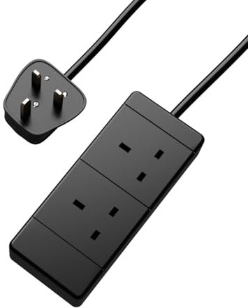 rhinocables 2 Gang Mains Extension Lead Cable, Power Strip Extender with 2 Sockets and Cord, 13 Amp Trailing Socket for Dual 3 Pin UK Plug, Suitable for Home and Office Use (5m, Black)