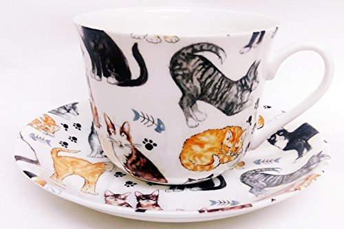 Cats Breakfast Cup & Saucer Fine Bone China Large Cats Collage Cup & Saucer Hand Decorated in The U.K.