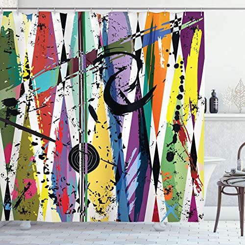 ABAKUHAUS urban Graffiti Duschvorhang, Bullauge, Stoffliches Gewebe Badezimmerdekorationsset mit Haken, 175 x 220 cm, Gelb Schwarz