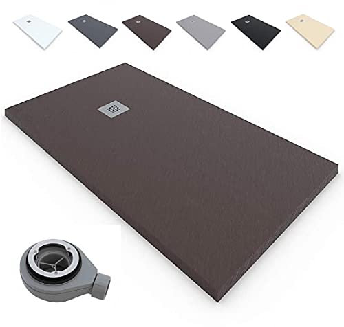 Plato de Ducha RESINA Extraplano EstiloBaño®TERRA - Antideslizante TEXTURA PIZARRA - Todas Las Medidas Disponibles -Varios colores -【80x140, Chocolate Ral-8017】- Incluye Válvula desagüe+Rejilla
