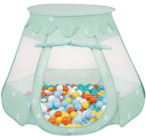 Selonis Tente 105X90cm/100 Balles Château avec Les Balles Plastiques Piscine À Balles pour Enfants, Menthe:Blanc/Jaune/Orange/Babyblue/Turquoise