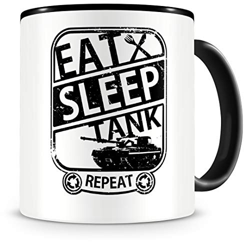 Samunshi® Panzer Tasse mit Spruch Eat Sleep Tank Repeat Geschenk für Panzer Fans Kaffeetasse groß Lustige Tassen zum Geburtstag schwarz 300ml