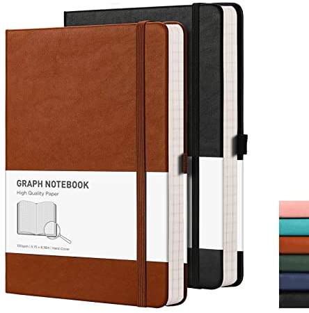 RETTACY Graph Paper Notebook A5 2 Pack - 384 Pages Squared Notebook with 100gsm Graph Paper, Pen Holder, Inner Pocket, for Office School Work Women Men Work 14.5 x 21cm - Black Brown