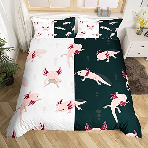 feelingyou Süßer Axolotl Bettbezug, Rosa Fisch Wildtier Bettbezug für Mädchen Teens Dekoratives Schlafzimmer, Paar Stil Weißer Polyester Bettbezug mit 1 Kissenbezügen, 155×220 cm