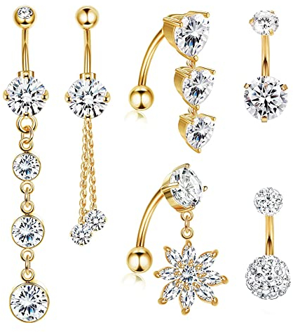 YADOCA 6 Stück 14G Chirurgenstahl Bauchnabelpiercing für Damen Mädchen Dangle Bauchnabelringe Set CZ Bauchnabelpiercing mit Anhänger Piercing Schmuck Gold