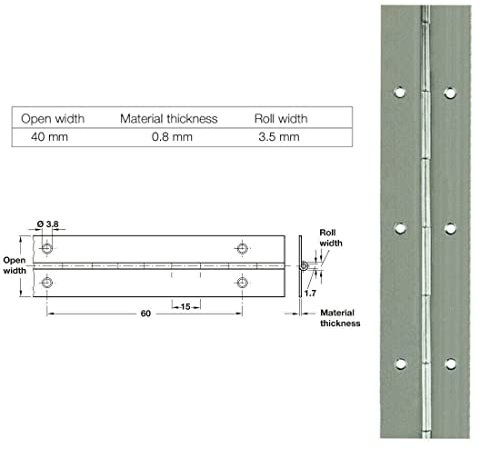 Hafele Continuous Hinge Rolled Straight Piano Open Width 40mm Length 710mm