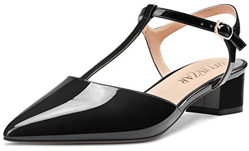 HEUIVZAR Donna T-strap a Punta Pumps Sandali Basso Blocco Chunky Tacco Heel Cinturino alla Caviglia Slingback Verniciata Dress Scarpe Nero 3.5 CM 43 EU