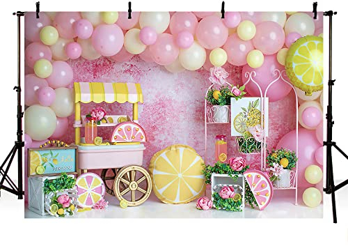 AIBIIN 2,1 x 1,5 m Sommer Zitrone Mädchen Party Hintergrund Rosa und Gelb Ballon Blume Trolley Sonnenschein Geburtstag Hintergrund Kinder Prinzessin Babyparty Kuchen Tischdekoration Fotostudio