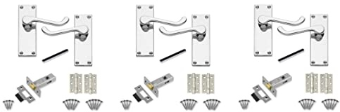 Golden Grace Victorian Scroll Latch Door, Polished Chrome, 120mm x 40mm | Three-pack bundle includes three pairs of ball bearing hinges and 64mm tubular latches for complete internal wood door setup.