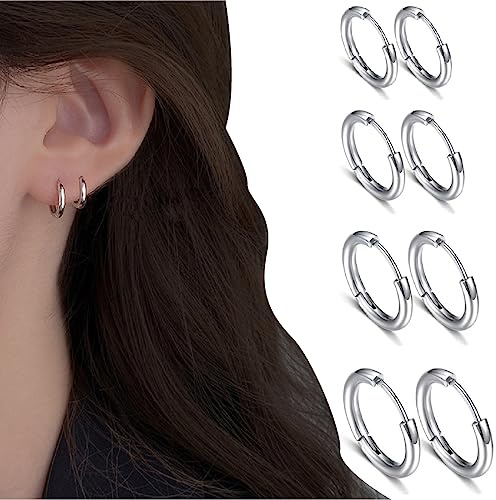 4 Paare Kleine Creolen Ohrringe für Damen Herren Chirurgenstahl Knorpel Huggie Ohrringe Snug Lobe Nase Lippen Daith Helix Piercing Schmuck Winzige Hoop Hinged Schläferohrringe 8/10/12/14MM(Silber)